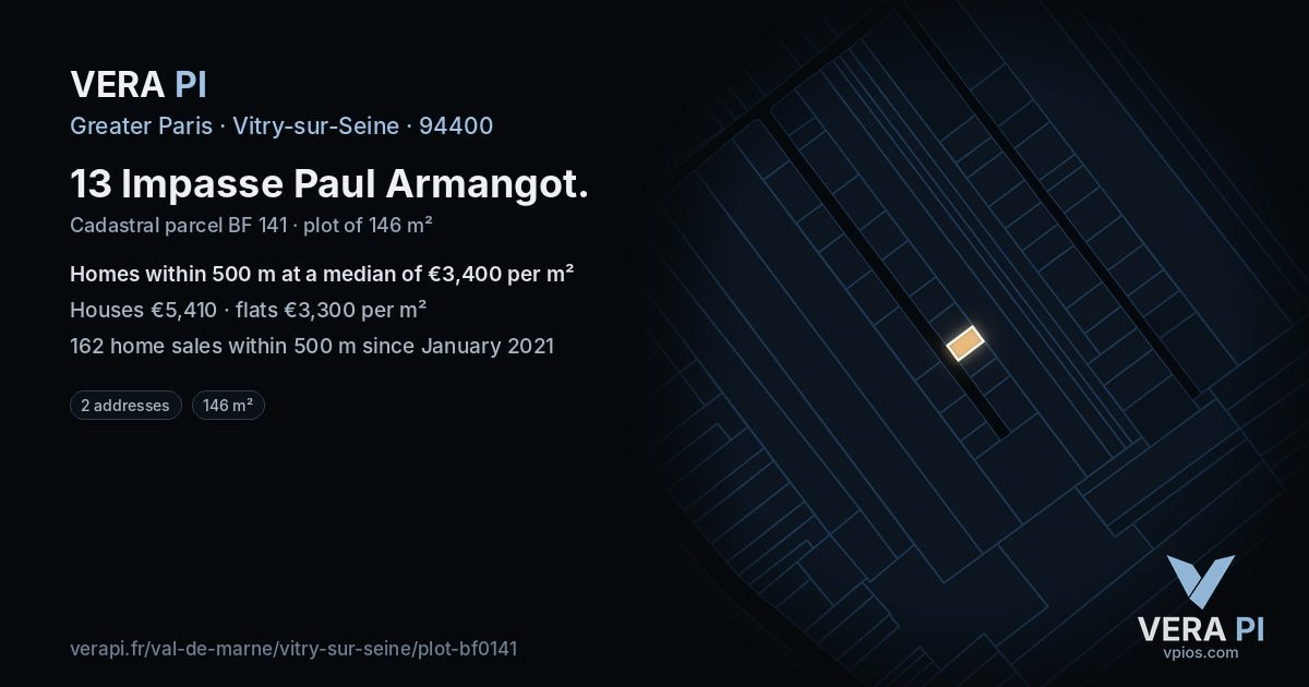 13 Impasse Paul Armangot, Vitry-sur-Seine at night – the plot lit, the parcels around coloured by the prices near them