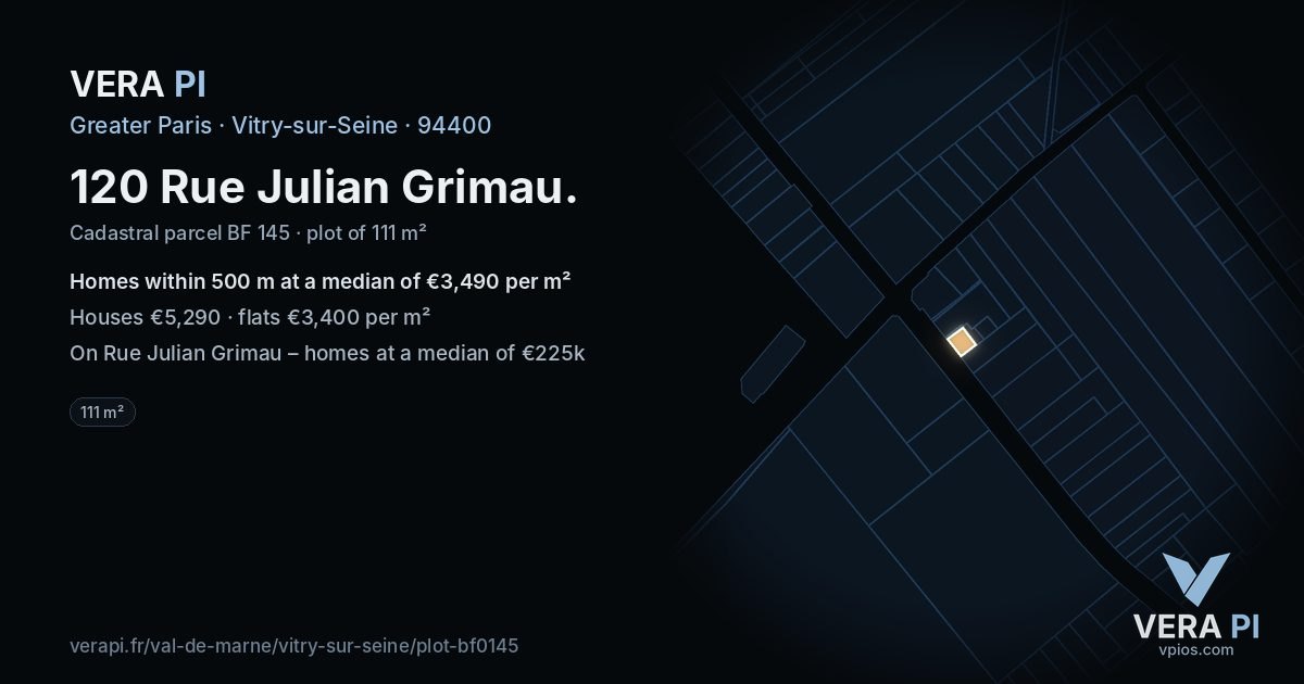 120 Rue Julian Grimau, Vitry-sur-Seine at night – the plot lit, the parcels around coloured by the prices near them