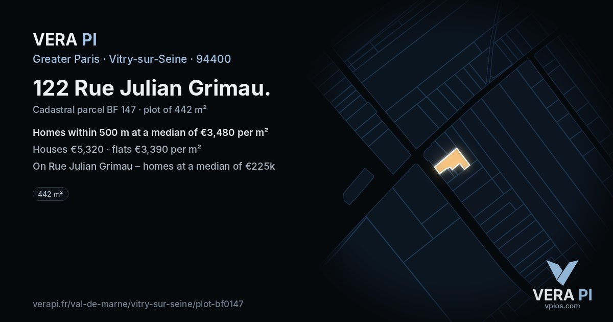 122 Rue Julian Grimau, Vitry-sur-Seine at night – the plot lit, the parcels around coloured by the prices near them