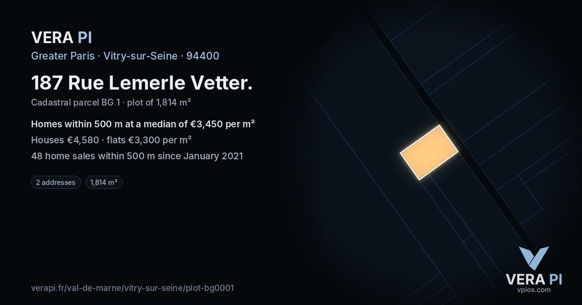 187 Rue Lemerle Vetter, Vitry-sur-Seine at night – the plot lit, the parcels around coloured by the prices near them