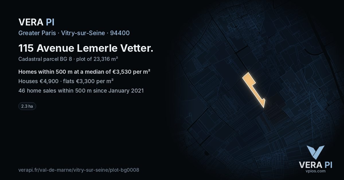 115 Avenue Lemerle Vetter, Vitry-sur-Seine at night – the plot lit, the parcels around coloured by the prices near them
