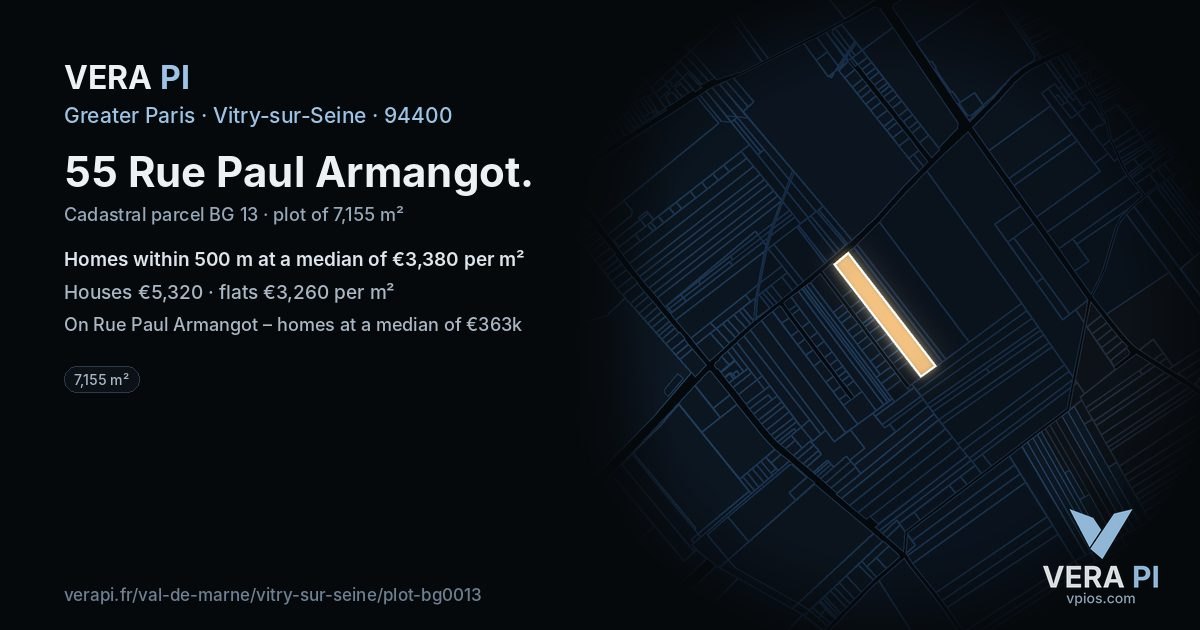 55 Rue Paul Armangot, Vitry-sur-Seine at night – the plot lit, the parcels around coloured by the prices near them