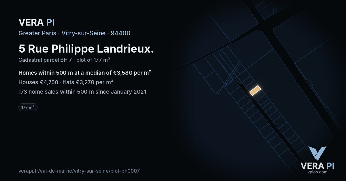 5 Rue Philippe Landrieux, Vitry-sur-Seine at night – the plot lit, the parcels around coloured by the prices near them