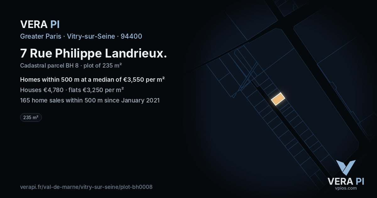7 Rue Philippe Landrieux, Vitry-sur-Seine at night – the plot lit, the parcels around coloured by the prices near them