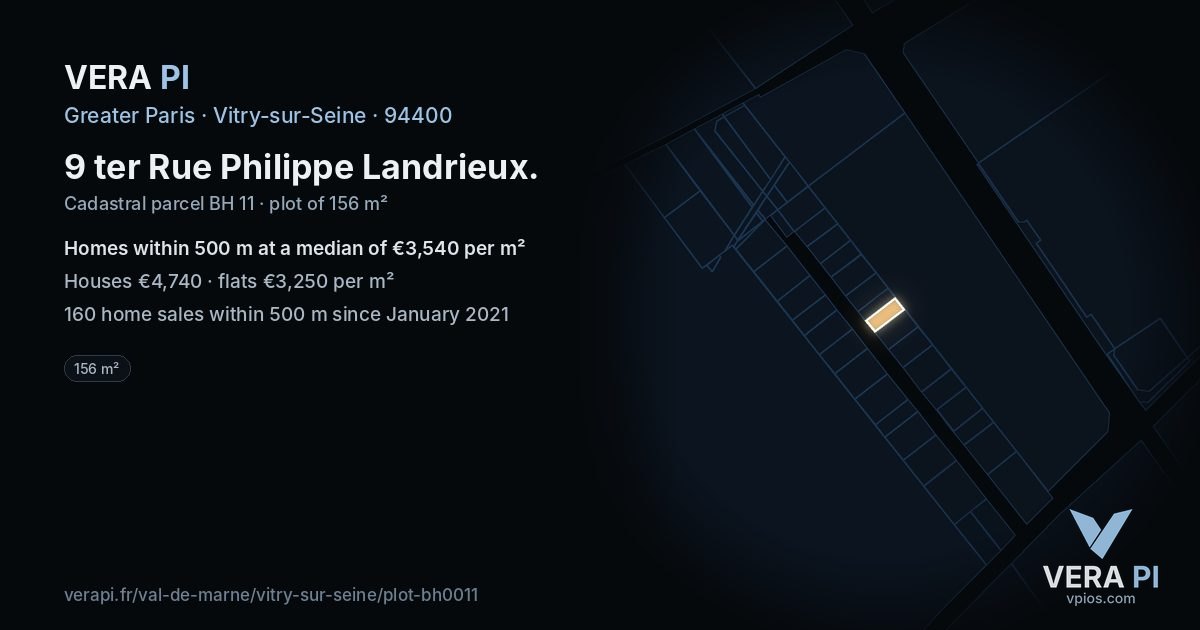 9 ter Rue Philippe Landrieux, Vitry-sur-Seine at night – the plot lit, the parcels around coloured by the prices near them