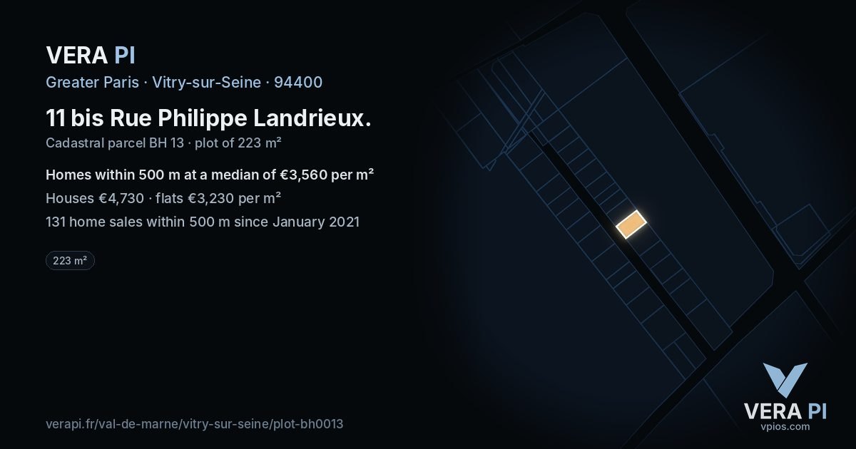 11 bis Rue Philippe Landrieux, Vitry-sur-Seine at night – the plot lit, the parcels around coloured by the prices near them