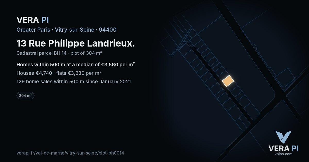 13 Rue Philippe Landrieux, Vitry-sur-Seine at night – the plot lit, the parcels around coloured by the prices near them