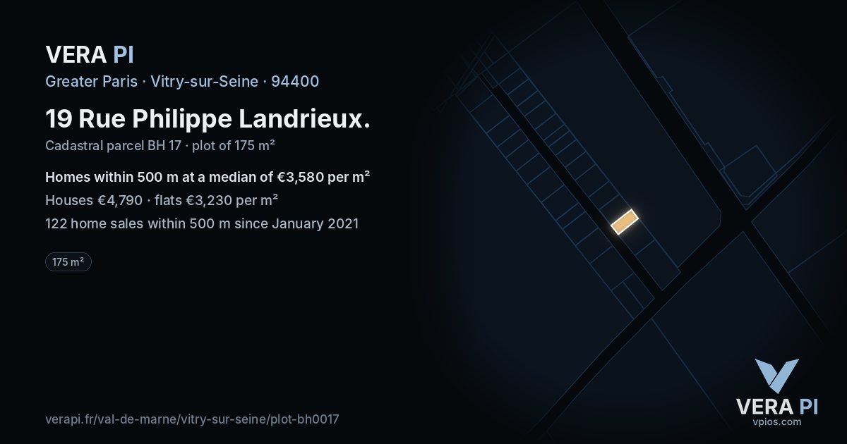 19 Rue Philippe Landrieux, Vitry-sur-Seine at night – the plot lit, the parcels around coloured by the prices near them