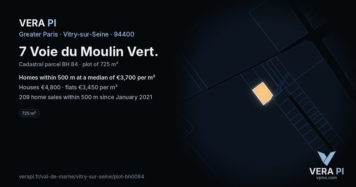 7 Voie du Moulin Vert, Vitry-sur-Seine at night – the plot lit, the parcels around coloured by the prices near them