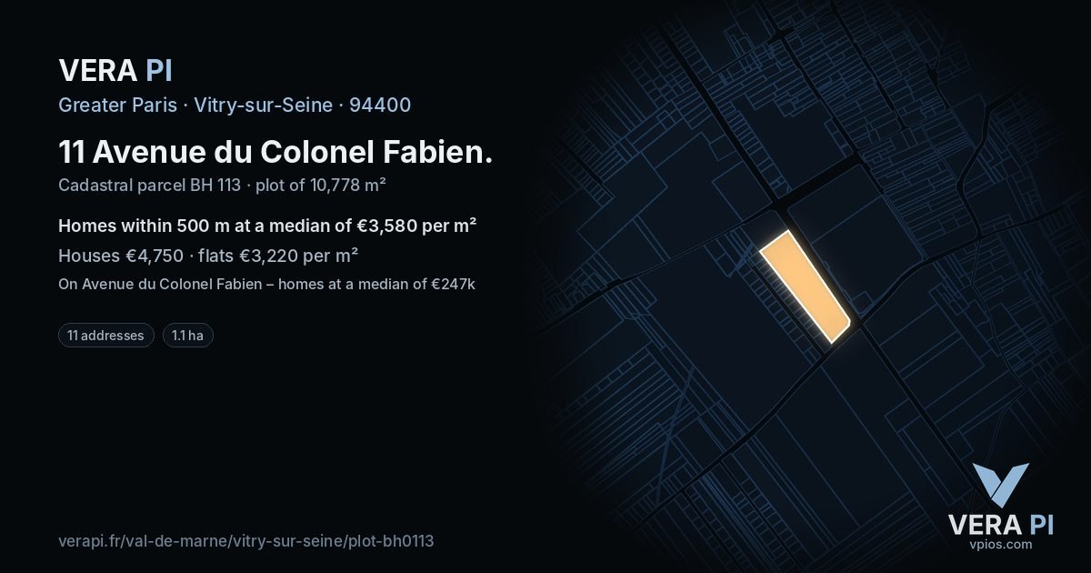 11 Avenue du Colonel Fabien, Vitry-sur-Seine at night – the plot lit, the parcels around coloured by the prices near them