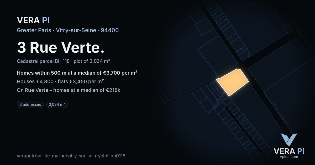 3 Rue Verte, Vitry-sur-Seine at night – the plot lit, the parcels around coloured by the prices near them