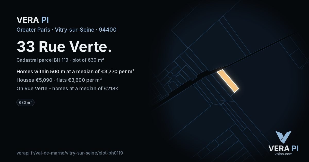 33 Rue Verte, Vitry-sur-Seine at night – the plot lit, the parcels around coloured by the prices near them