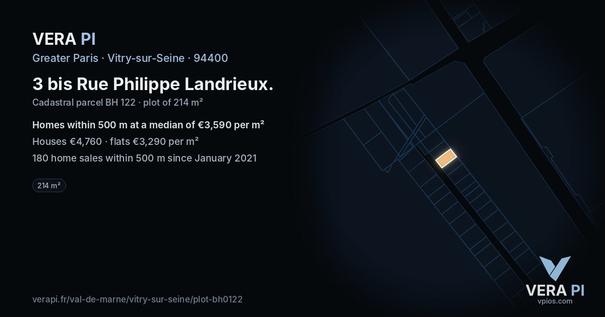 3 bis Rue Philippe Landrieux, Vitry-sur-Seine at night – the plot lit, the parcels around coloured by the prices near them