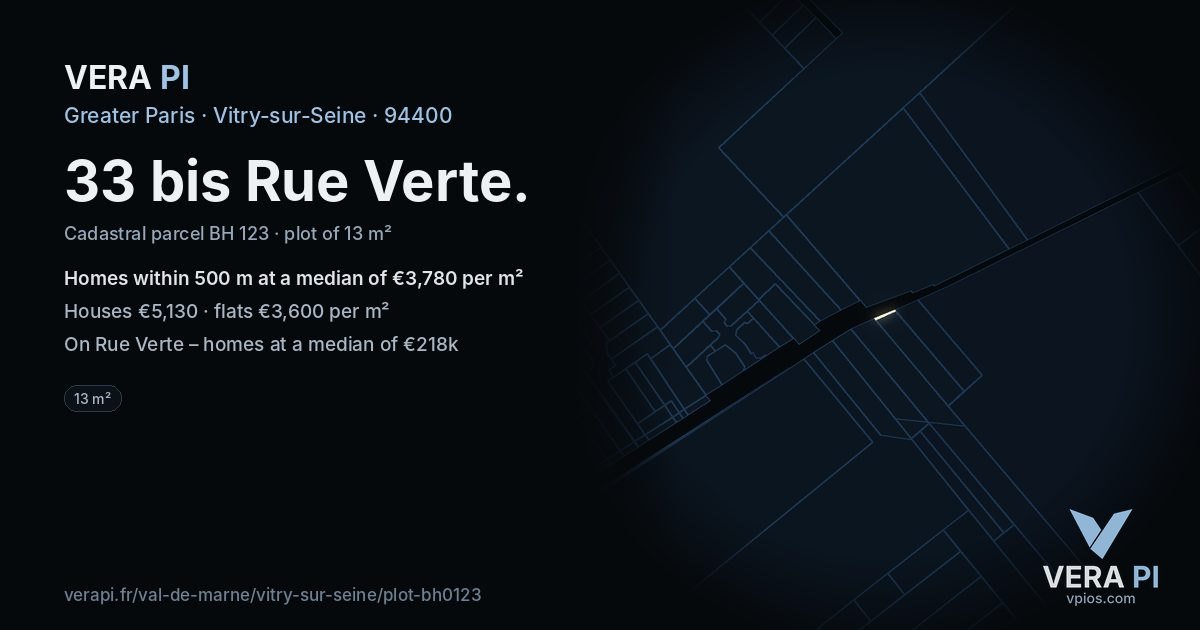 33 bis Rue Verte, Vitry-sur-Seine at night – the plot lit, the parcels around coloured by the prices near them