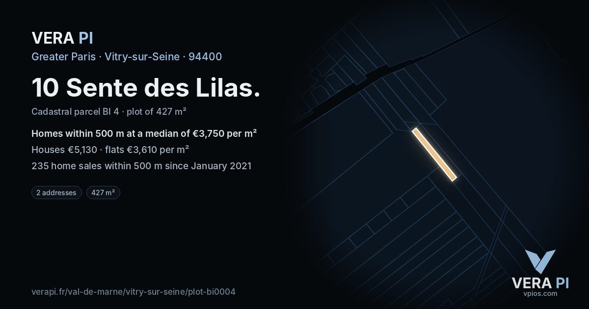 10 Sente des Lilas, Vitry-sur-Seine at night – the plot lit, the parcels around coloured by the prices near them