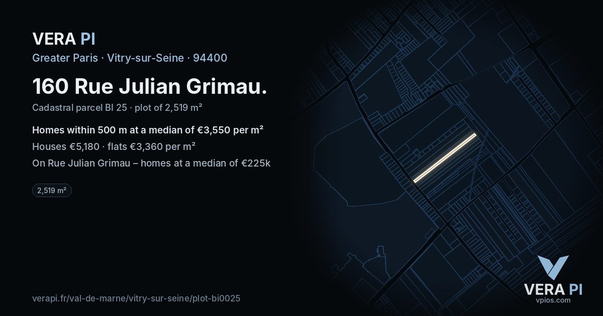 160 Rue Julian Grimau, Vitry-sur-Seine at night – the plot lit, the parcels around coloured by the prices near them