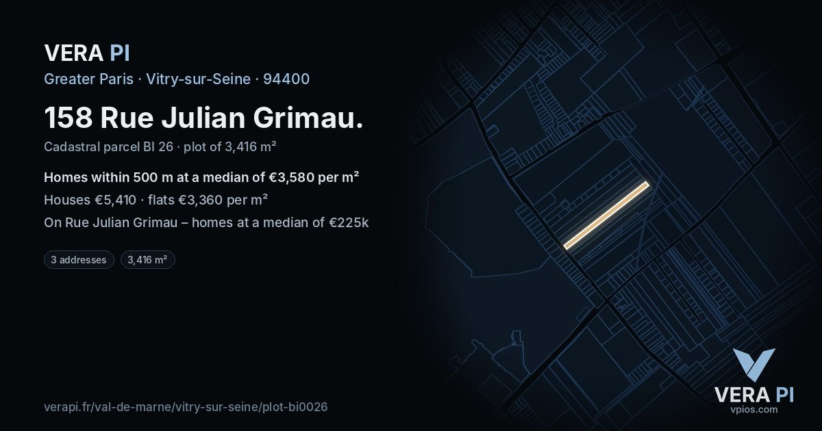 158 Rue Julian Grimau, Vitry-sur-Seine at night – the plot lit, the parcels around coloured by the prices near them