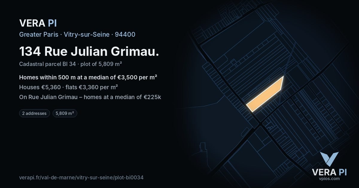134 Rue Julian Grimau, Vitry-sur-Seine at night – the plot lit, the parcels around coloured by the prices near them