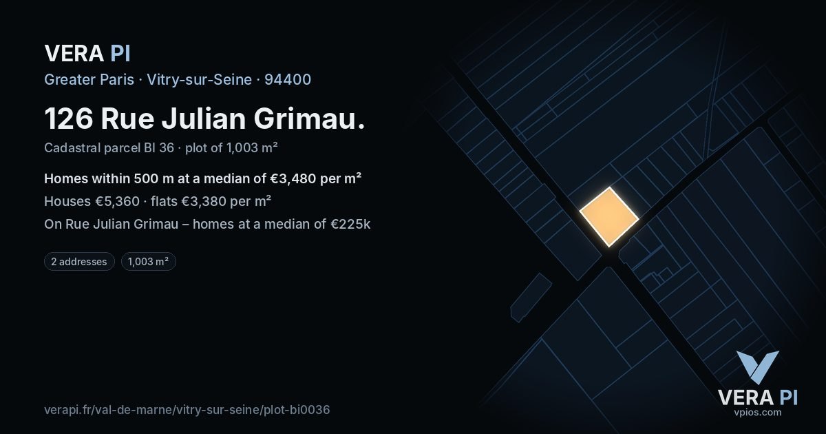 126 Rue Julian Grimau, Vitry-sur-Seine at night – the plot lit, the parcels around coloured by the prices near them