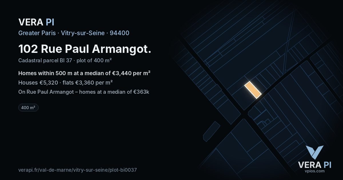102 Rue Paul Armangot, Vitry-sur-Seine at night – the plot lit, the parcels around coloured by the prices near them