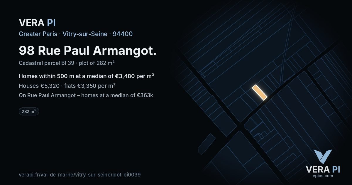98 Rue Paul Armangot, Vitry-sur-Seine at night – the plot lit, the parcels around coloured by the prices near them