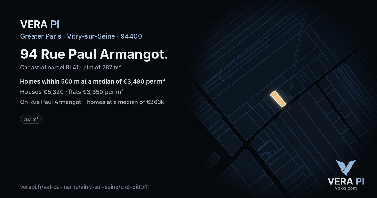 94 Rue Paul Armangot, Vitry-sur-Seine at night – the plot lit, the parcels around coloured by the prices near them
