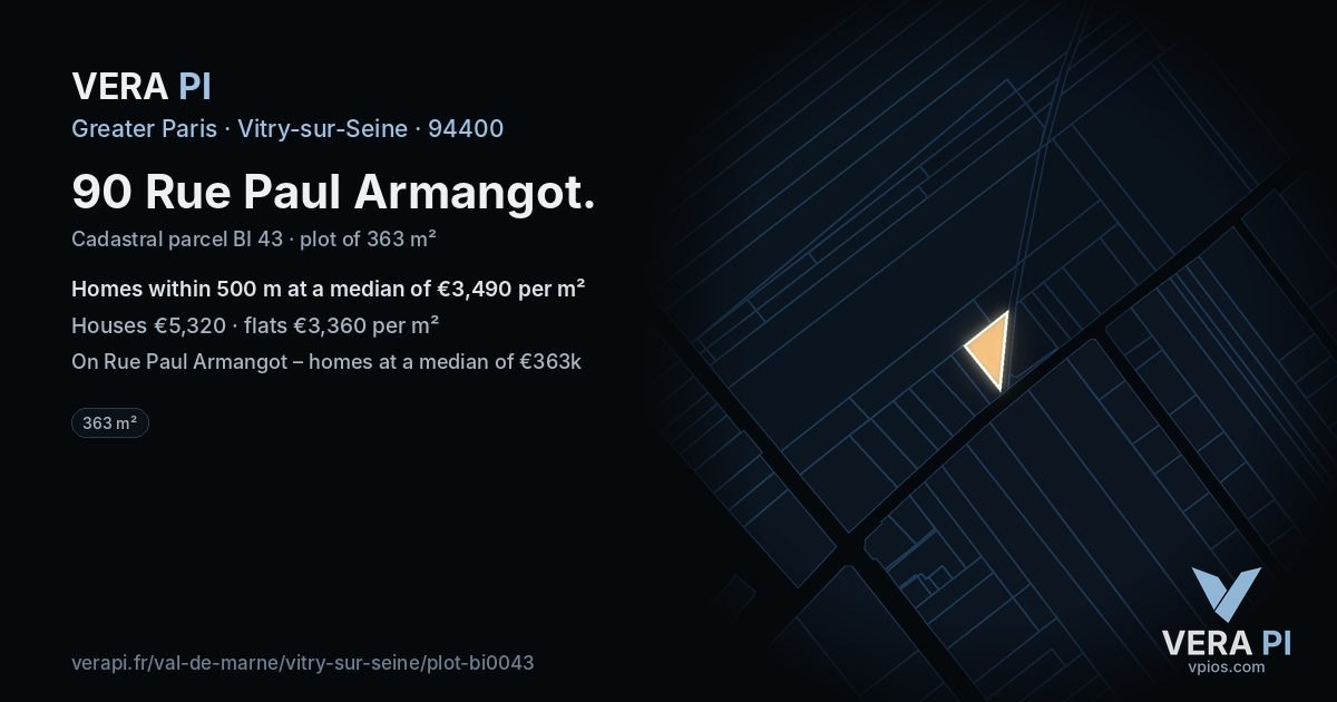 90 Rue Paul Armangot, Vitry-sur-Seine at night – the plot lit, the parcels around coloured by the prices near them