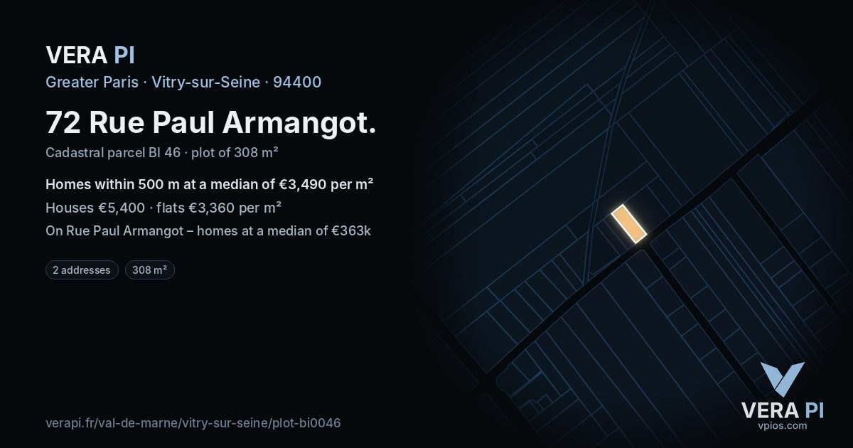 72 Rue Paul Armangot, Vitry-sur-Seine at night – the plot lit, the parcels around coloured by the prices near them