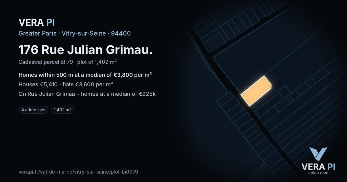 176 Rue Julian Grimau, Vitry-sur-Seine at night – the plot lit, the parcels around coloured by the prices near them