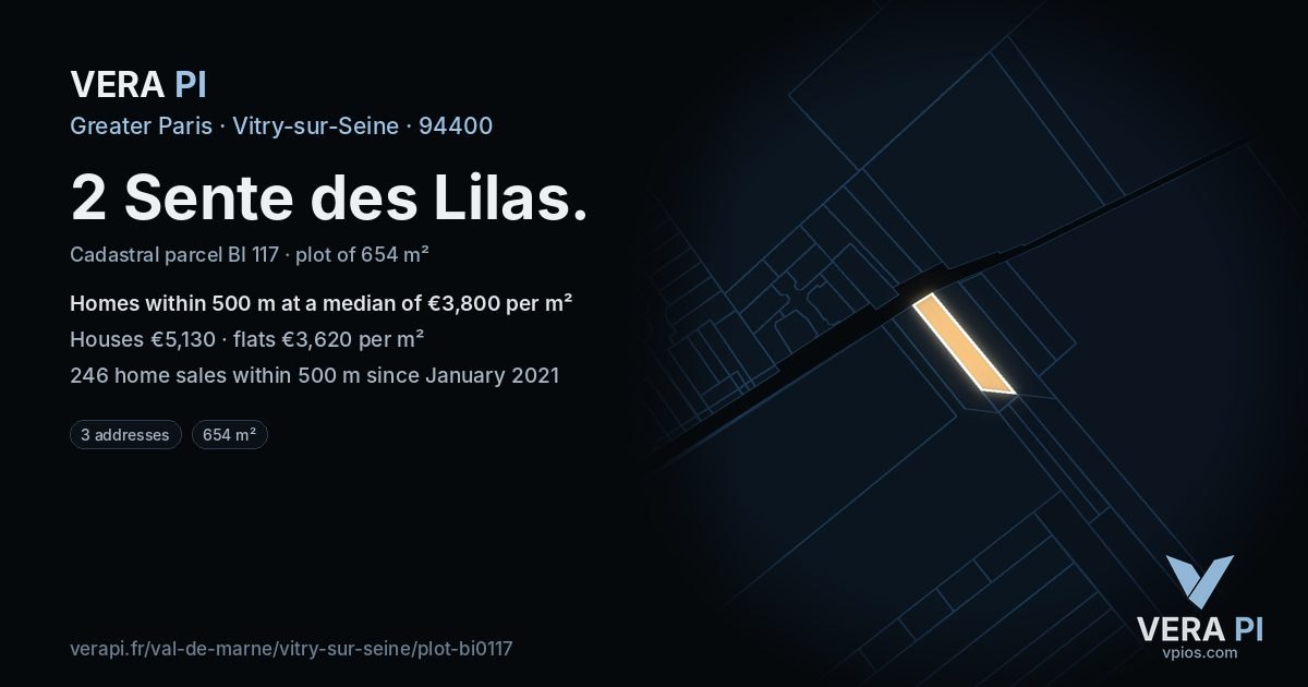 2 Sente des Lilas, Vitry-sur-Seine at night – the plot lit, the parcels around coloured by the prices near them