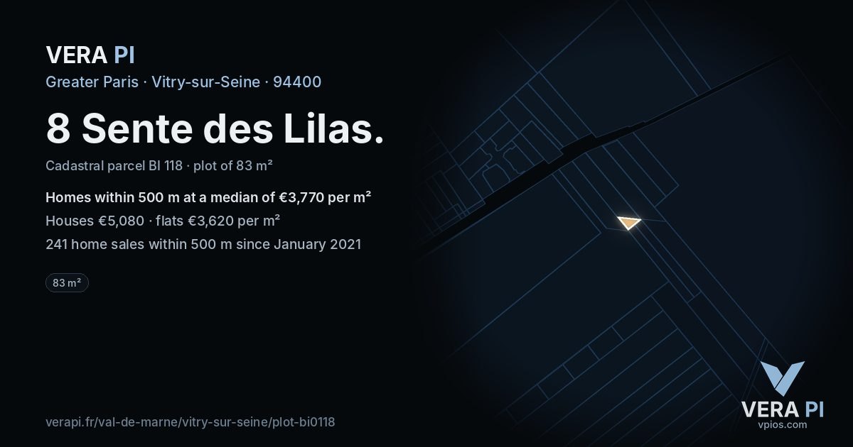 8 Sente des Lilas, Vitry-sur-Seine at night – the plot lit, the parcels around coloured by the prices near them