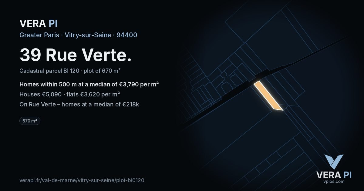 39 Rue Verte, Vitry-sur-Seine at night – the plot lit, the parcels around coloured by the prices near them