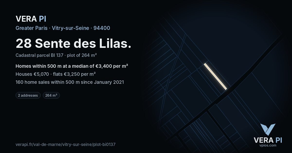 28 Sente des Lilas, Vitry-sur-Seine at night – the plot lit, the parcels around coloured by the prices near them