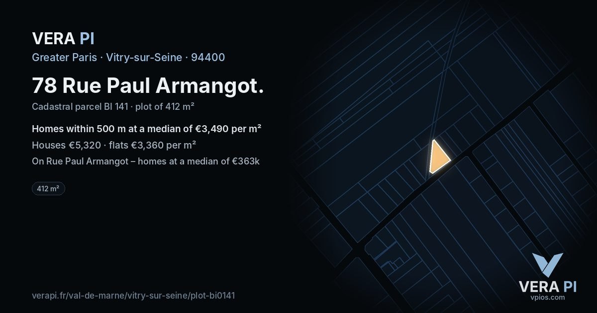 78 Rue Paul Armangot, Vitry-sur-Seine at night – the plot lit, the parcels around coloured by the prices near them