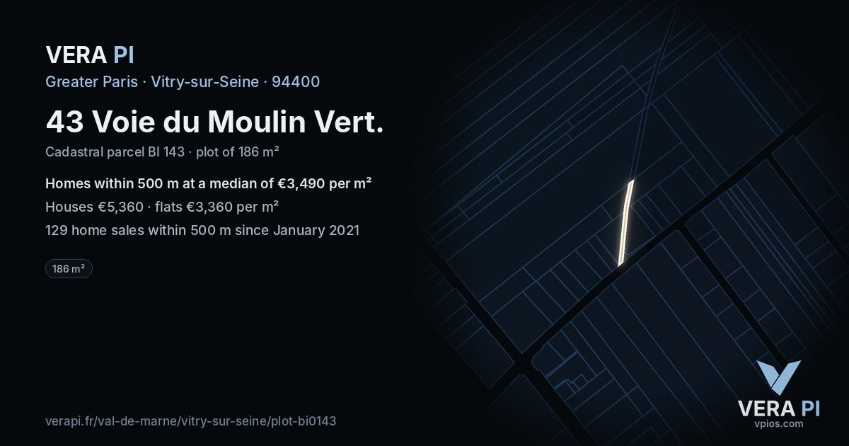 43 Voie du Moulin Vert, Vitry-sur-Seine at night – the plot lit, the parcels around coloured by the prices near them