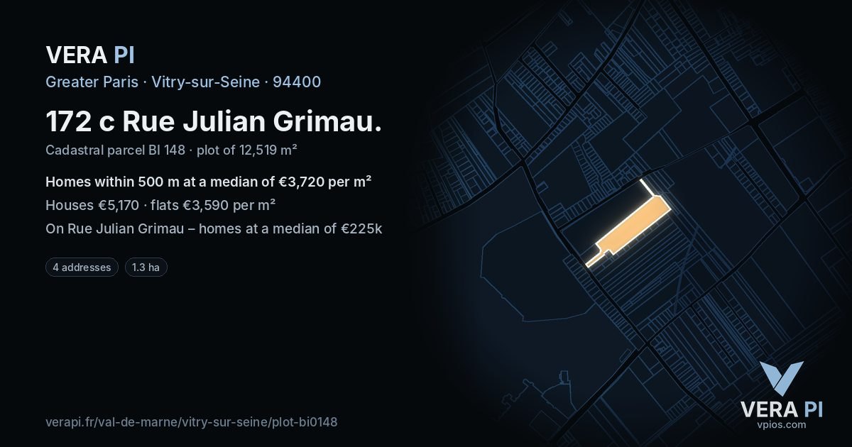 172 c Rue Julian Grimau, Vitry-sur-Seine at night – the plot lit, the parcels around coloured by the prices near them