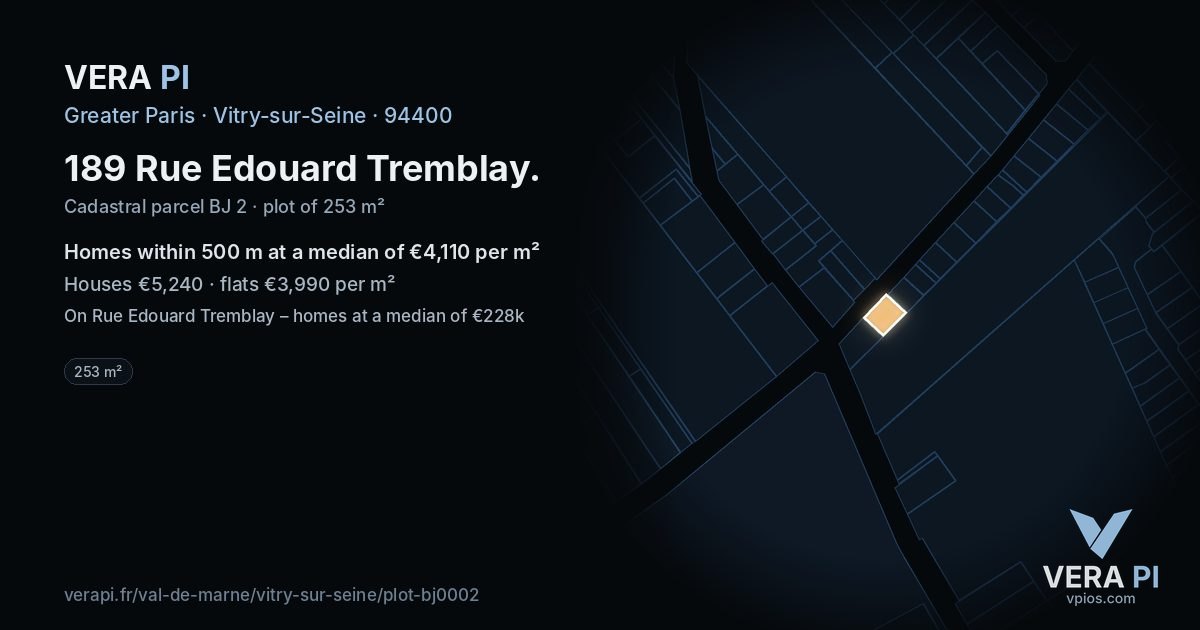 189 Rue Edouard Tremblay, Vitry-sur-Seine at night – the plot lit, the parcels around coloured by the prices near them