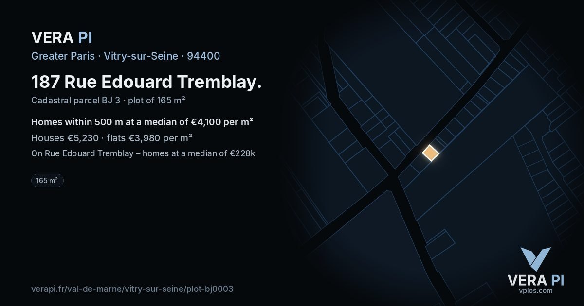 187 Rue Edouard Tremblay, Vitry-sur-Seine at night – the plot lit, the parcels around coloured by the prices near them