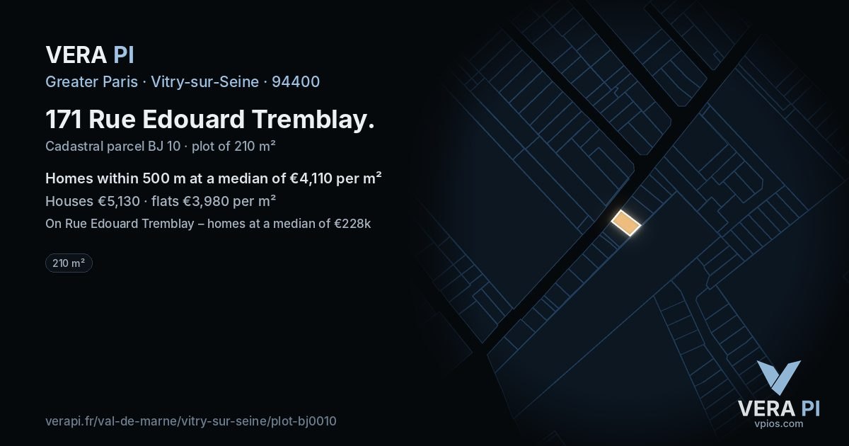 171 Rue Edouard Tremblay, Vitry-sur-Seine at night – the plot lit, the parcels around coloured by the prices near them