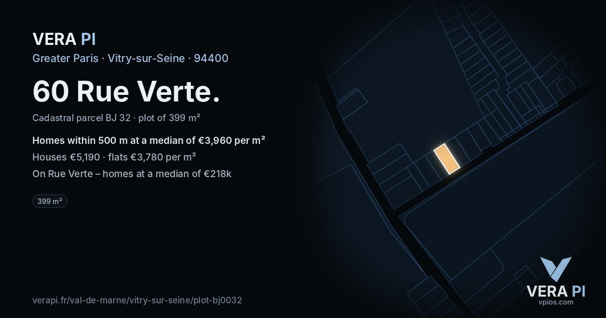 60 Rue Verte, Vitry-sur-Seine at night – the plot lit, the parcels around coloured by the prices near them