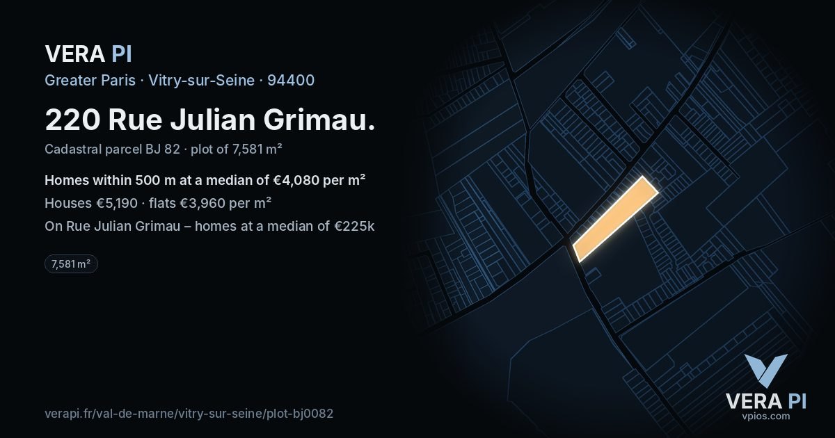 220 Rue Julian Grimau, Vitry-sur-Seine at night – the plot lit, the parcels around coloured by the prices near them