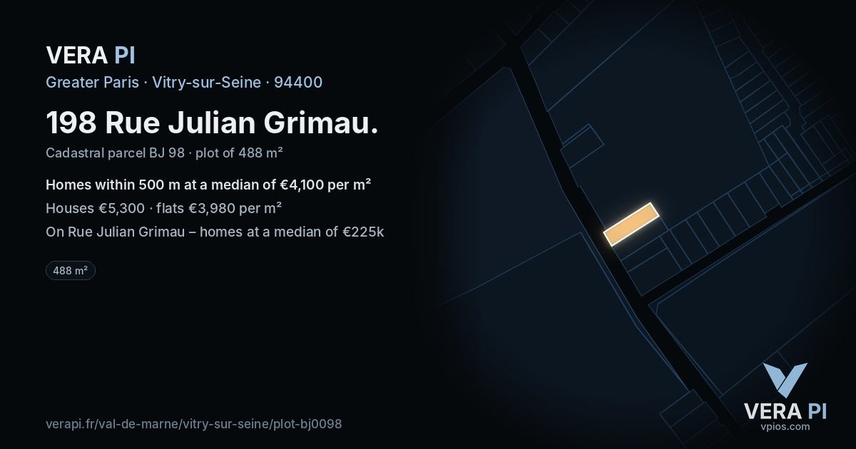 198 Rue Julian Grimau, Vitry-sur-Seine at night – the plot lit, the parcels around coloured by the prices near them