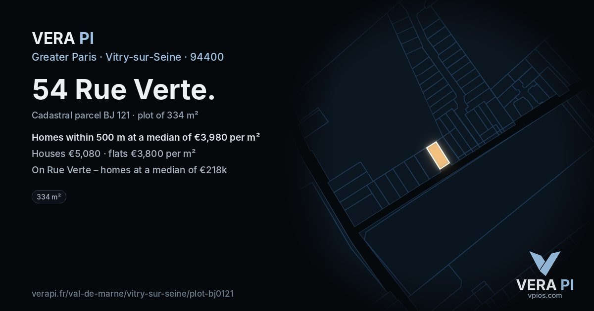 54 Rue Verte, Vitry-sur-Seine at night – the plot lit, the parcels around coloured by the prices near them