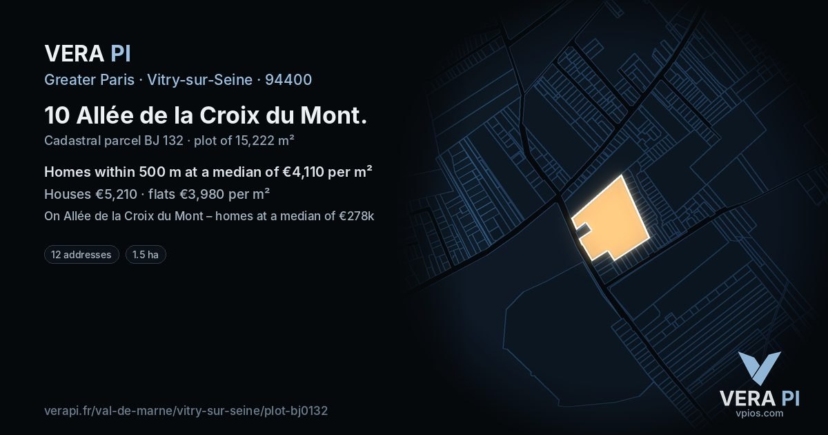 10 Allée de la Croix du Mont, Vitry-sur-Seine at night – the plot lit, the parcels around coloured by the prices near them