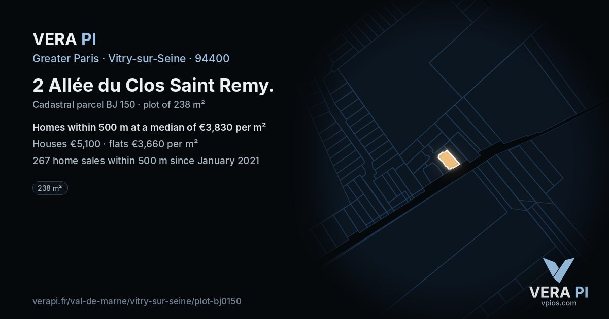 2 Allée du Clos Saint Remy, Vitry-sur-Seine at night – the plot lit, the parcels around coloured by the prices near them