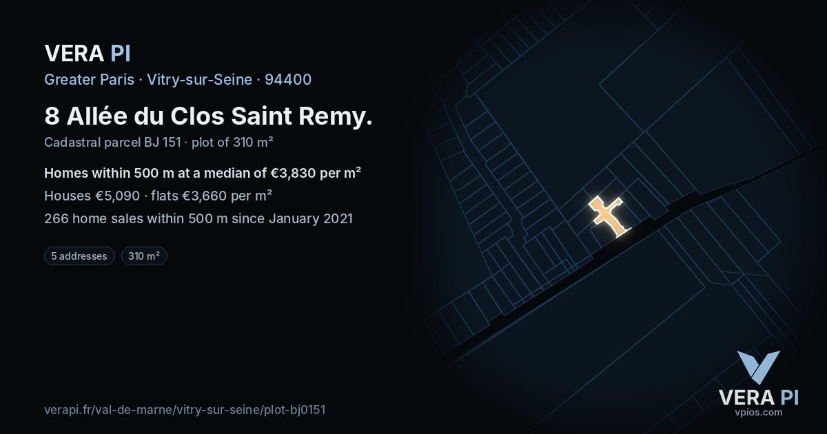 8 Allée du Clos Saint Remy, Vitry-sur-Seine at night – the plot lit, the parcels around coloured by the prices near them