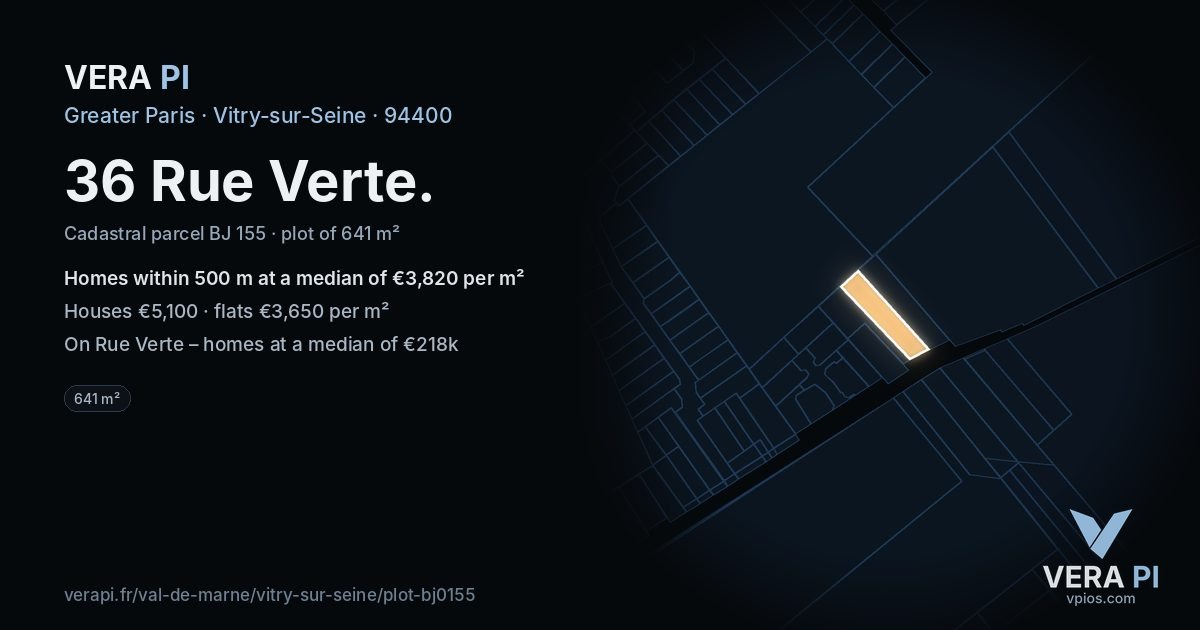 36 Rue Verte, Vitry-sur-Seine at night – the plot lit, the parcels around coloured by the prices near them