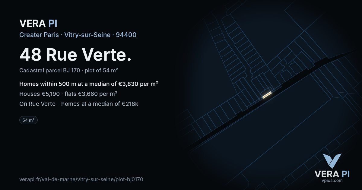 48 Rue Verte, Vitry-sur-Seine at night – the plot lit, the parcels around coloured by the prices near them