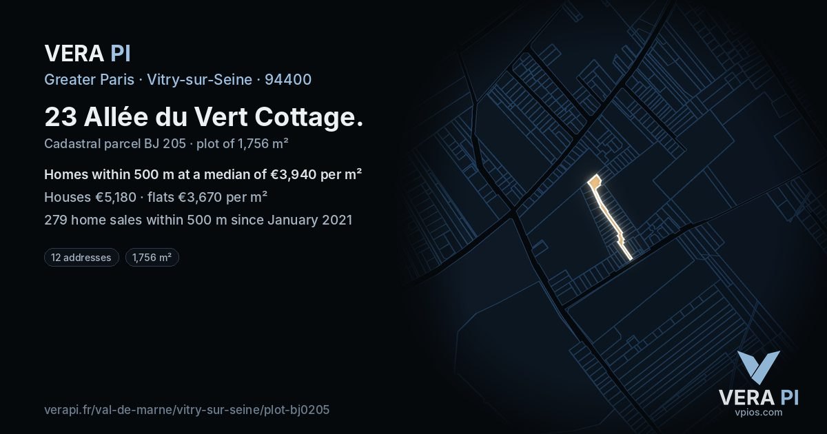 23 Allée du Vert Cottage, Vitry-sur-Seine at night – the plot lit, the parcels around coloured by the prices near them