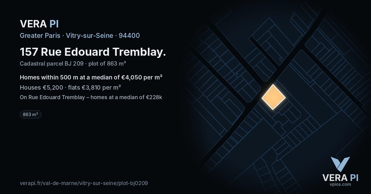 157 Rue Edouard Tremblay, Vitry-sur-Seine at night – the plot lit, the parcels around coloured by the prices near them